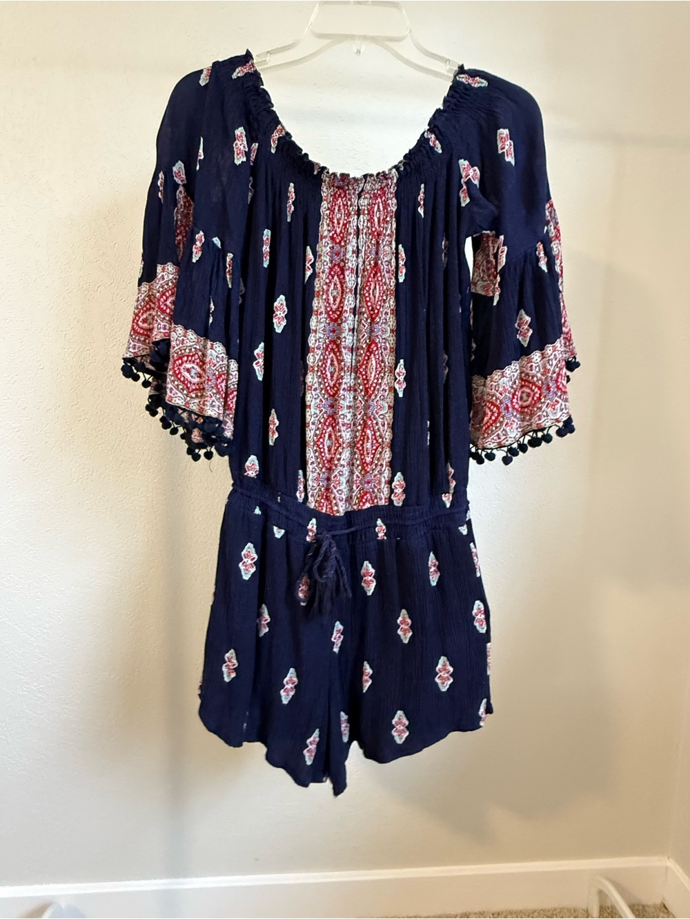 Anthropologie Navy Boho Printed Romper with Pom Trim M